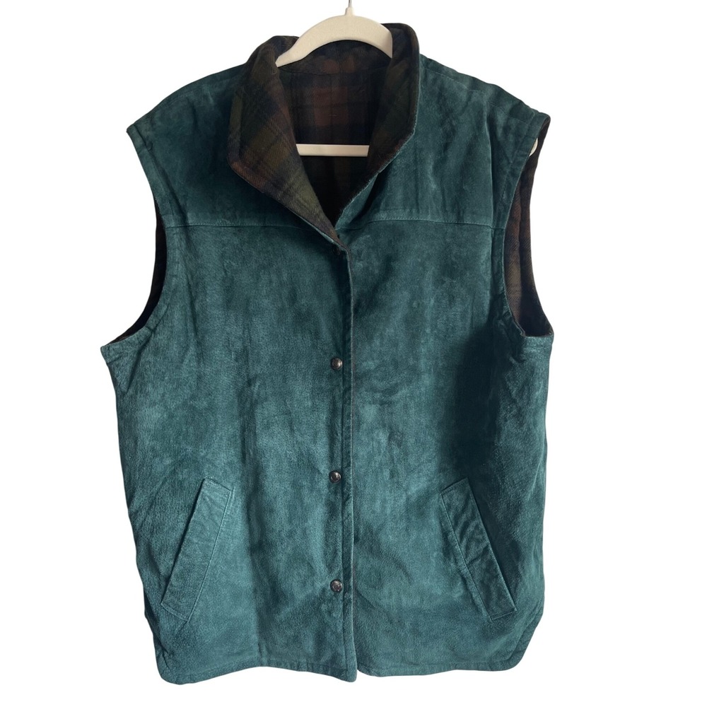 Preston & York Suede Leather Vest L Reversible‎ Plaid Lined Forest Green Fall